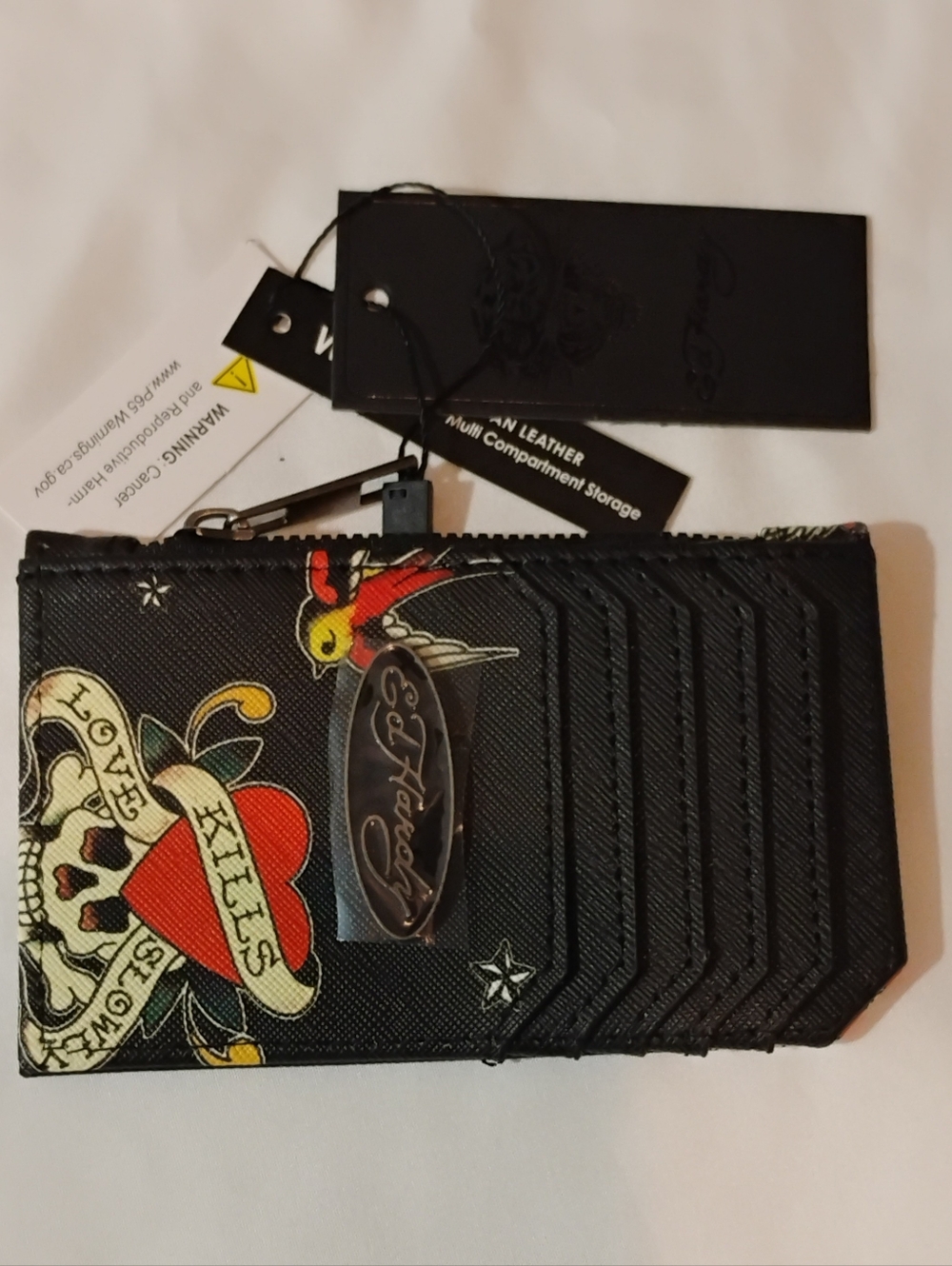 Ed Hardy Black Card Holder with Red Heart and Yellow Bird